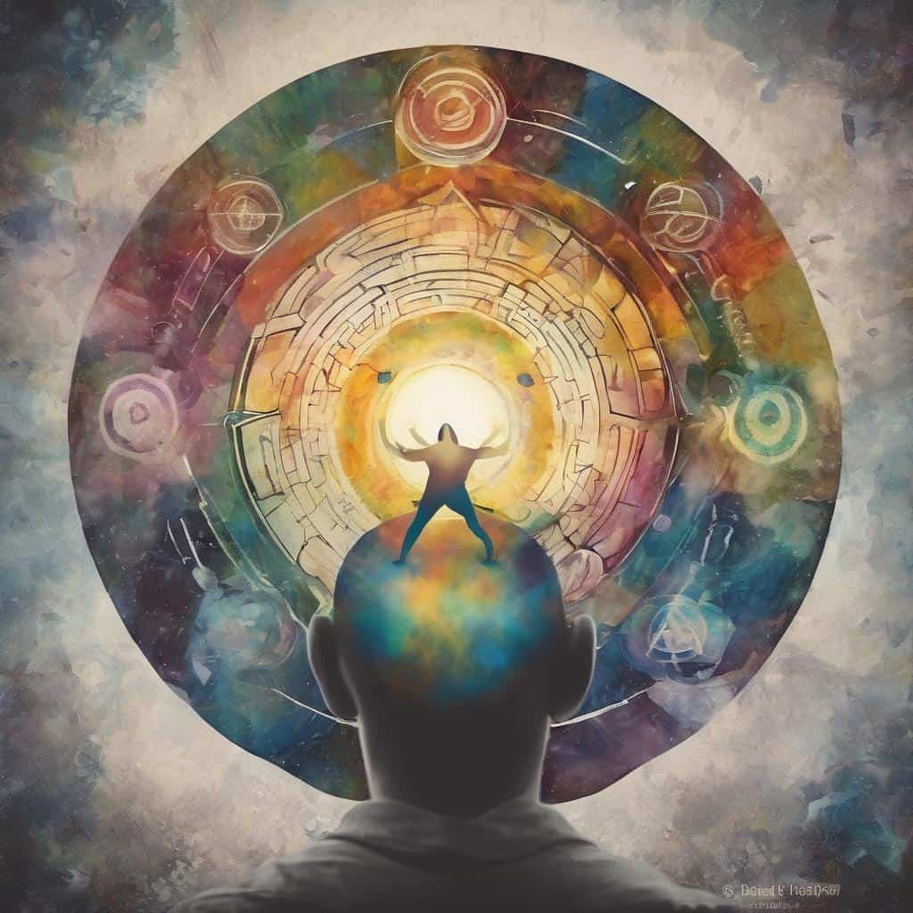 Φωτογραφία με ανθρώπινο κεφάλι και αφηρημένο φόντο με εικονίδια διαλογισμού και πνευματικότητας, συμβολίζοντας ηρεμία και καθαρή σκέψη.