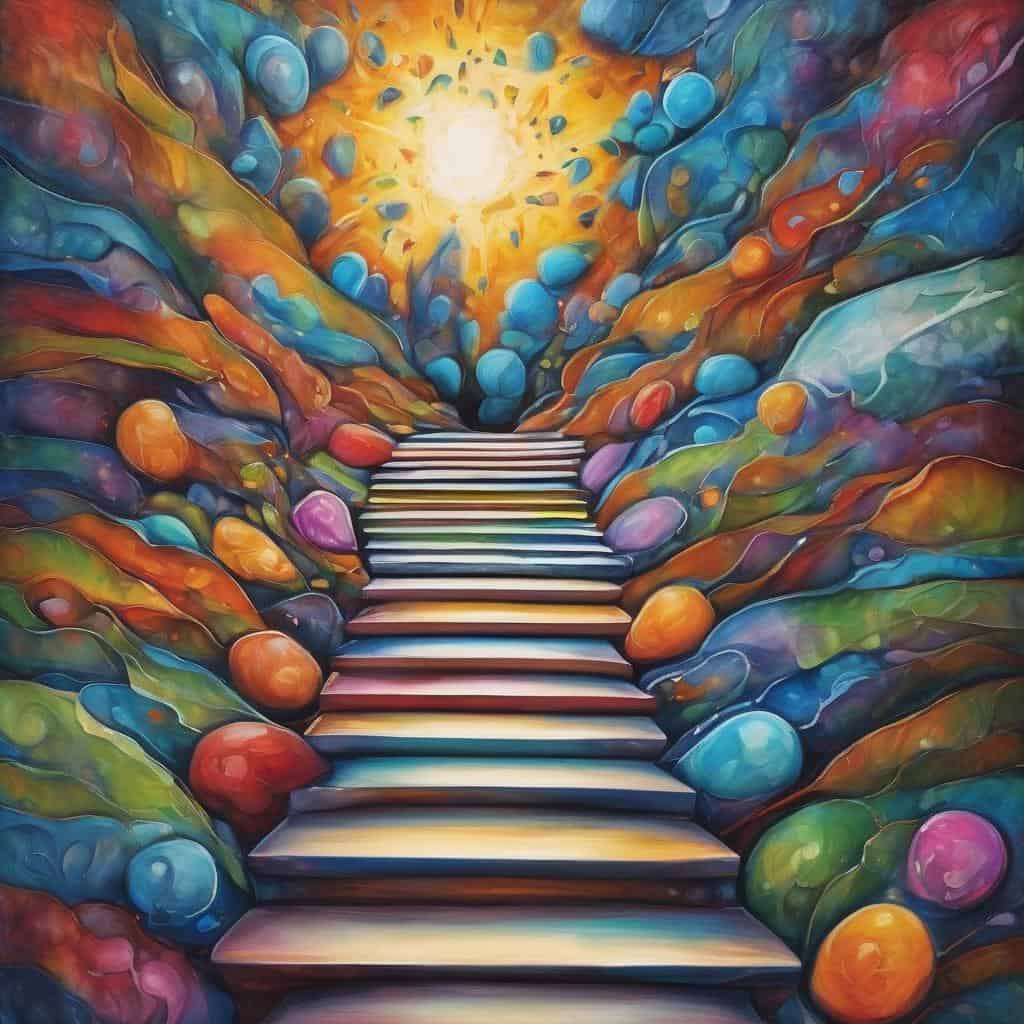 Πρασινοκίτρινη και μπλε διαδρομή σε κρυφό τοπίο με πολύχρωμες πέτρες, καλό για ηρεμία και καθαρή σκέψη.