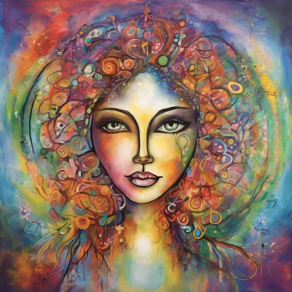 Απ’ τα vivid και πολύχρωμα μαλλιά μιας γυναίκας με ήρεμο πρόσωπο.